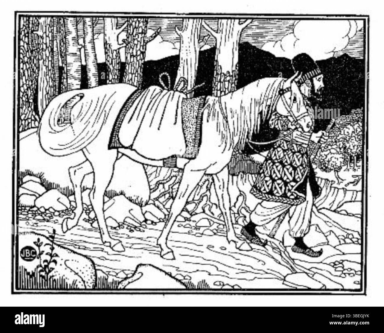 Joseph Benwell Clark's 1896 illustration of Ali Baba on foot shows the character traveling by foot, embodying the humble yet determined nature of the figure in this part of the Arabian tale. Stock Photo