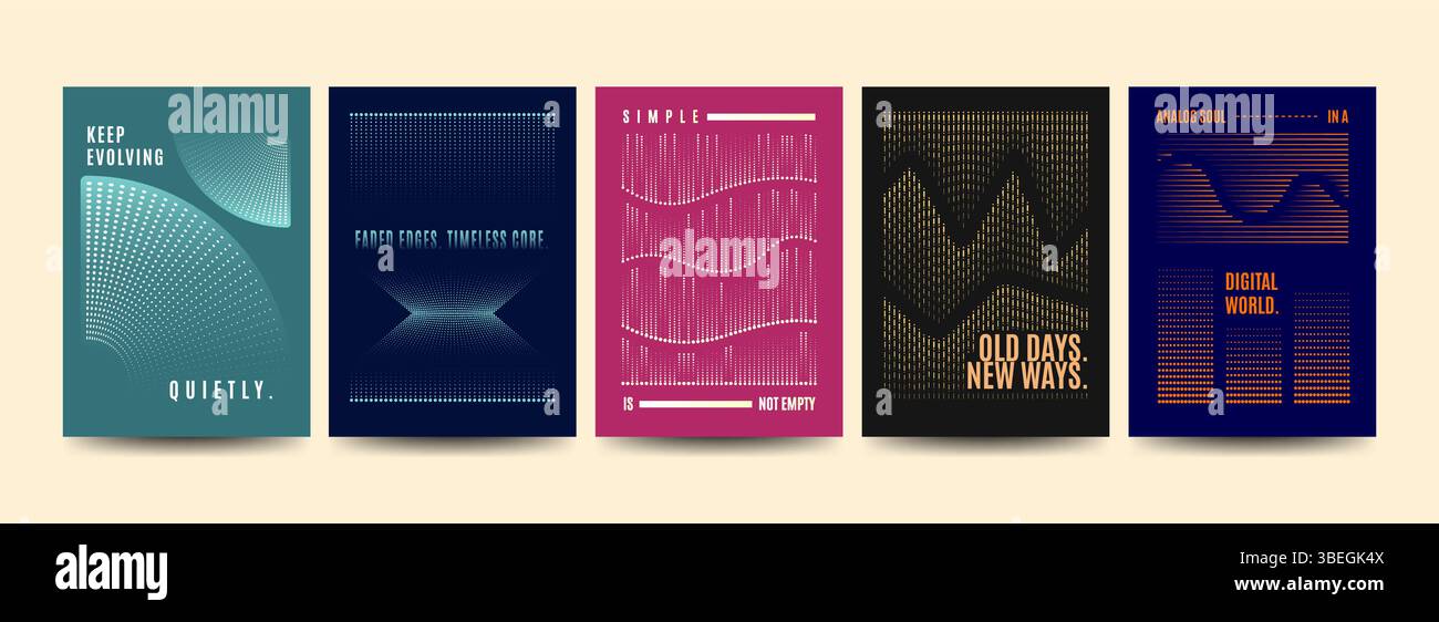 A set of abstract halftone posters featuring creative typography and gradient dot patterns. Ideal for modern wall art, prints, branding, or digital in Stock Vector
