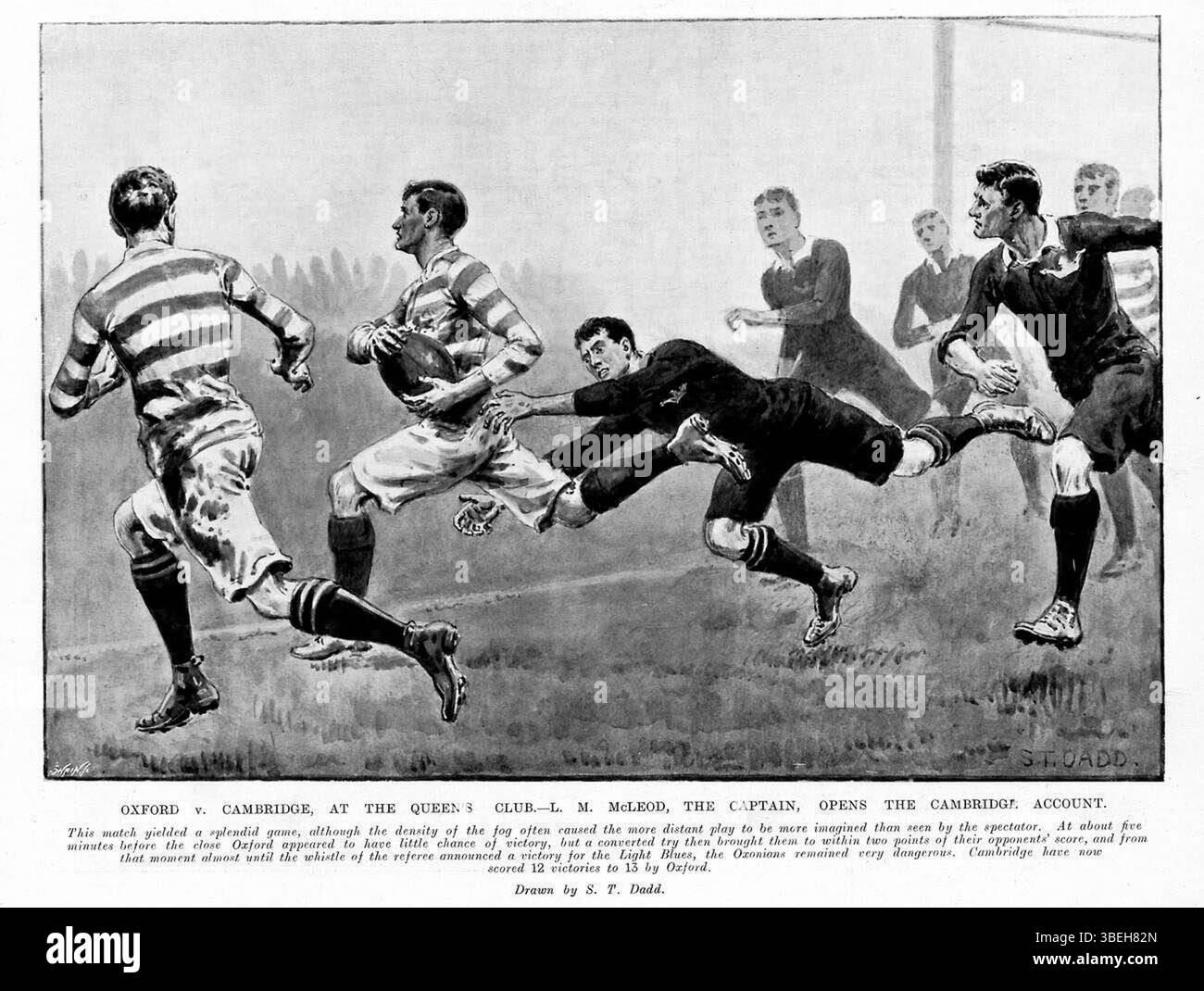 Illustration by S.T. Dadd (1879–1914) from 1904 depicting LM Macleod scoring for Cambridge in a rugby match against Oxford, final score 15–13. Stock Photo