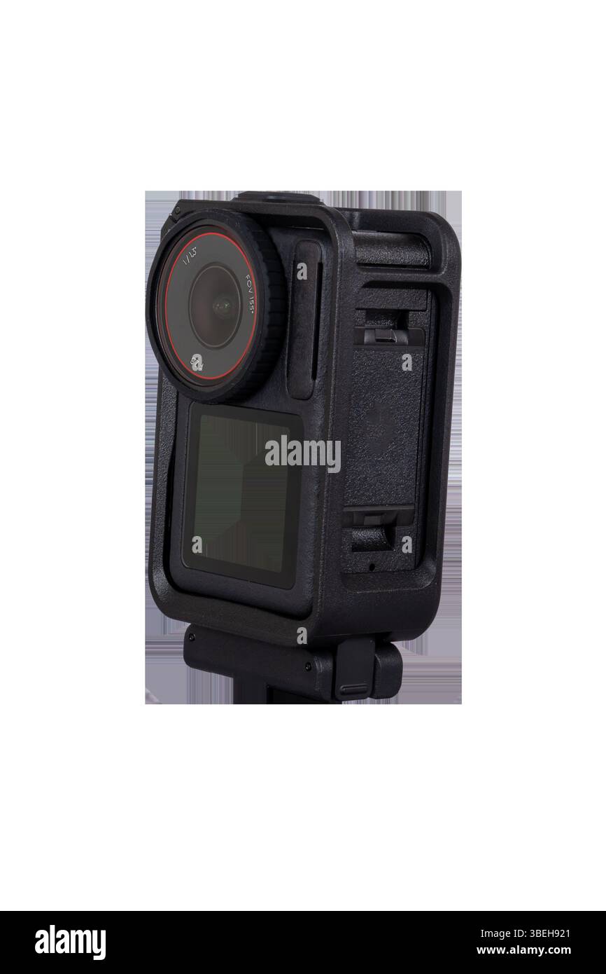 black action camera in protective case on transparent background Stock Photo