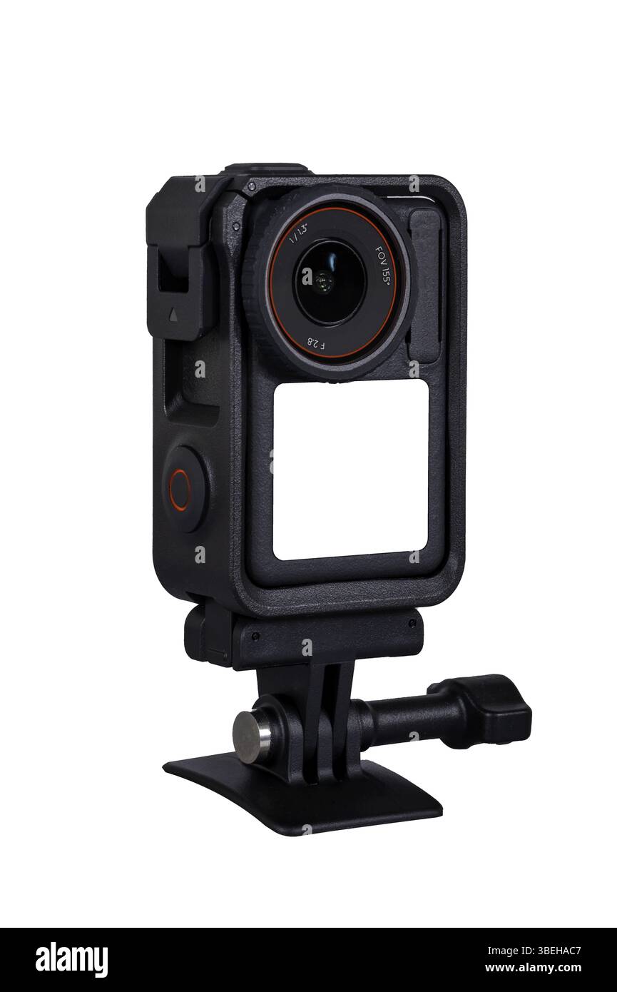 black action camera in protective case on transparent background Stock Photo
