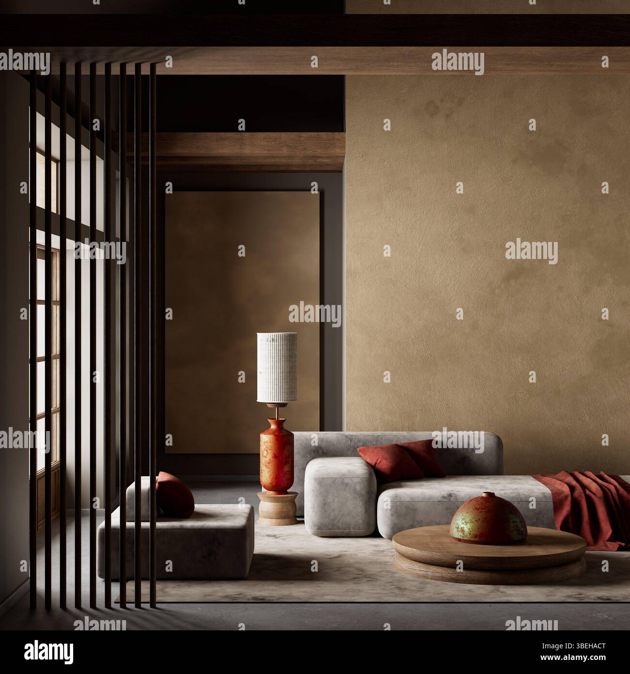 A modern Japanese-inspired living room blending soft textures, warm earth tones, and minimalist elegance to create a calm, balanced atmosphere. 3D ill Stock Photo