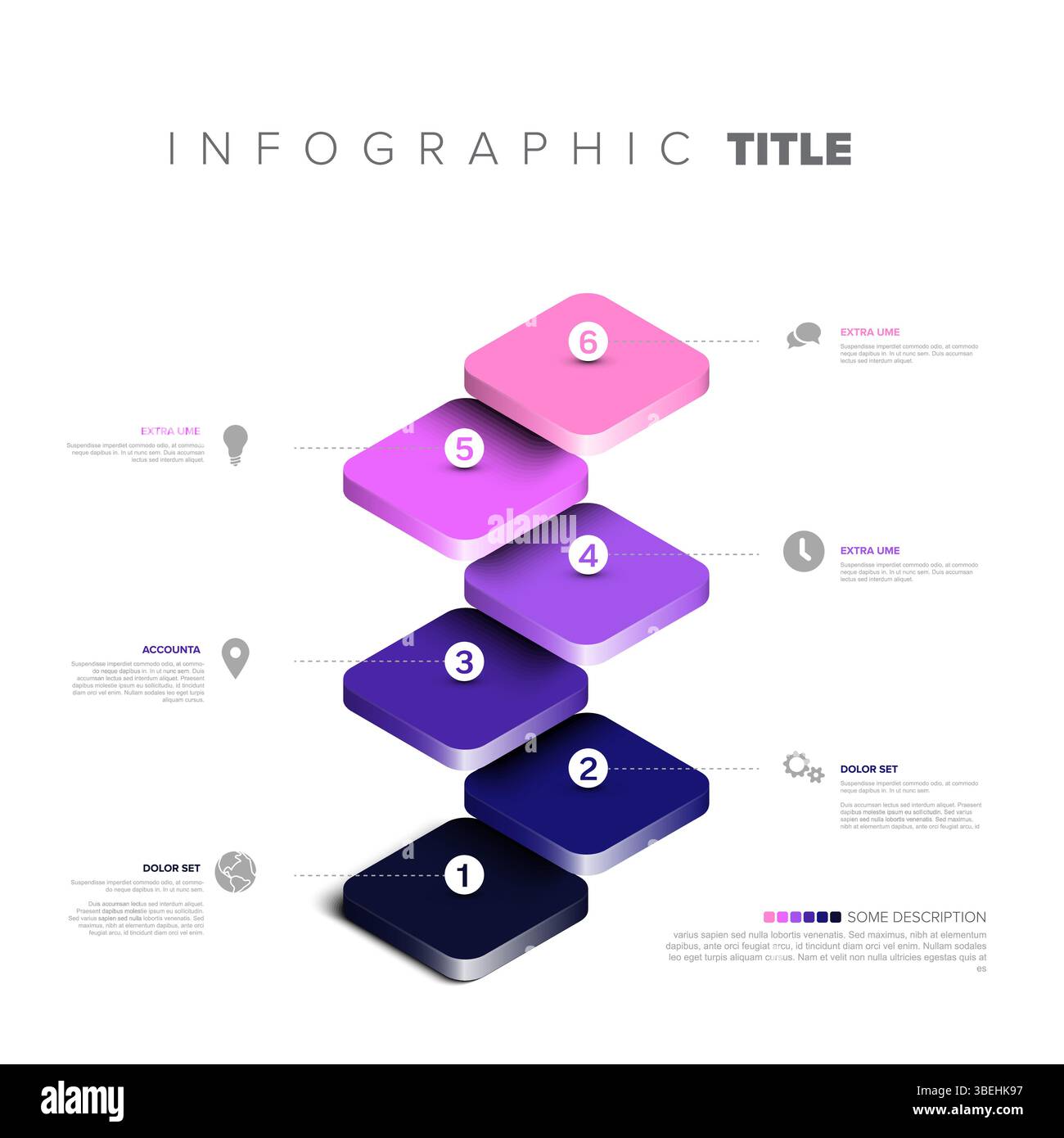 Modern isometric vertical step infographic template illustrating process with 6 gradient colored steps. Versatile vertical step infographic design ide Stock Vector