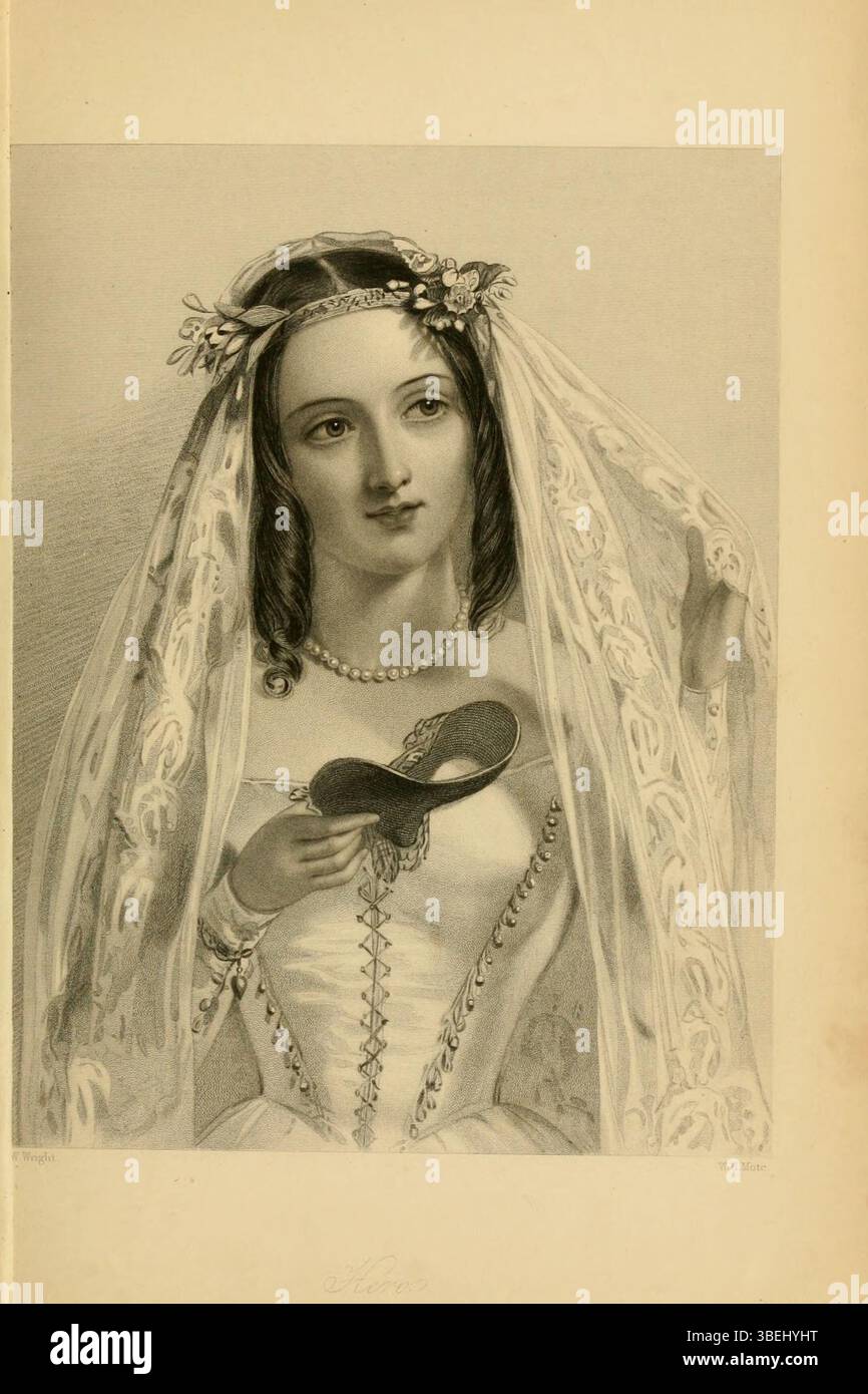 John William Wright's 1849 painting of Hero, a character from Shakespeare's *Much Ado About Nothing*, depicts the dramatic moment of her portrayal in the play. The artwork reflects 19th-century Romanticism with its focus on expressive emotion and character-driven storytelling. Stock Photo