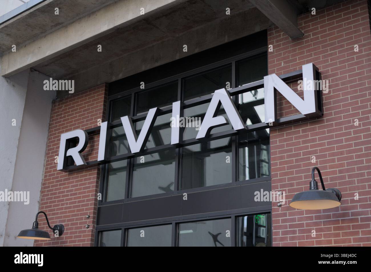 Rivian Automotive Logo Displayed At Denver Colorado Service Center Stock Photo