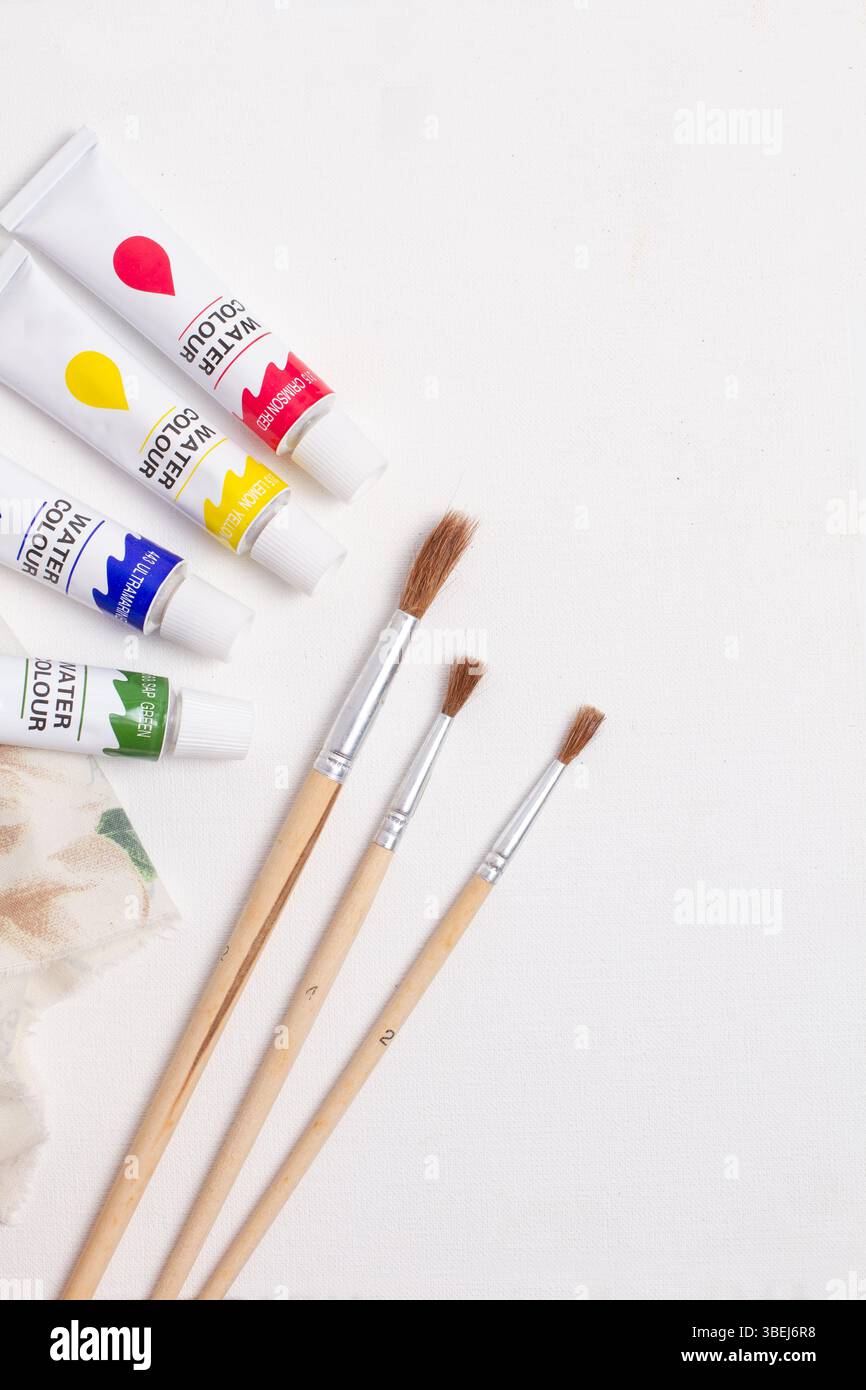 Three paintbrushes and watercolor bottles on a white background with copy space in a top view Stock Photo