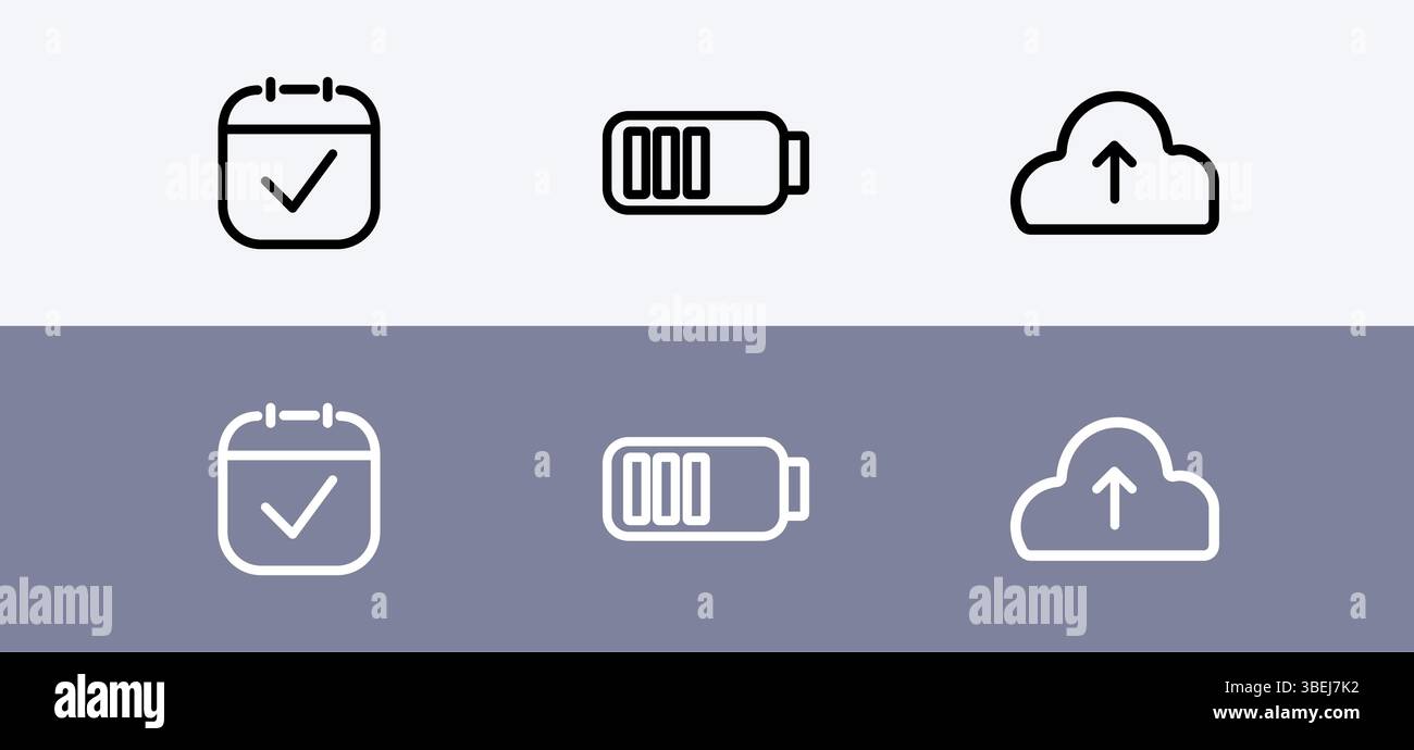 Basic icon pack - calendar , battery and cloud upload icon. Stock Vector