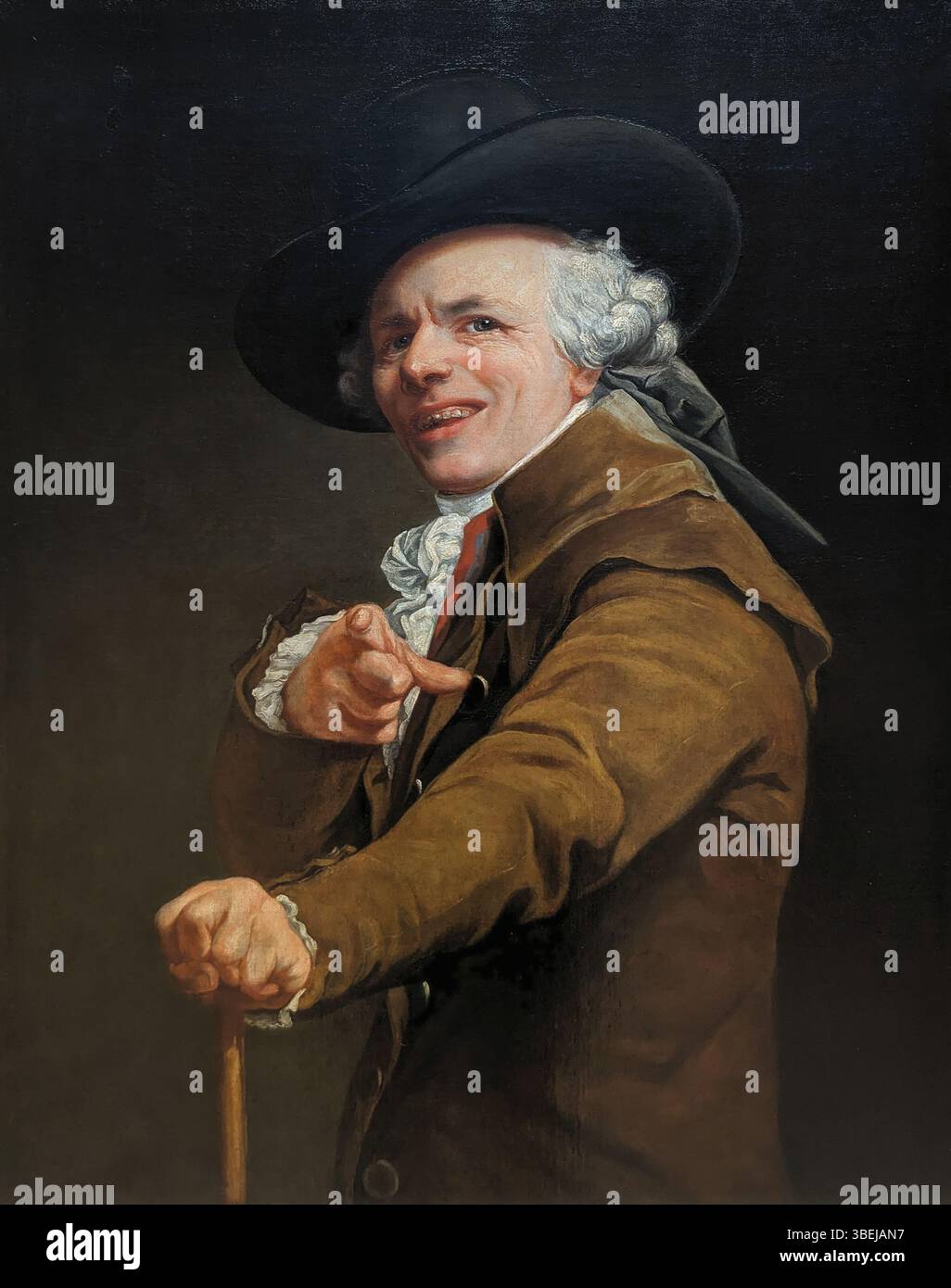 This self-portrait by Joseph Ducreux, created in the 1790s, depicts the  artist in a playful mocking pose. Known for his emotional expressionism,  Ducreux uses humor and exaggerated facial features to engage the, image size:1026x1390