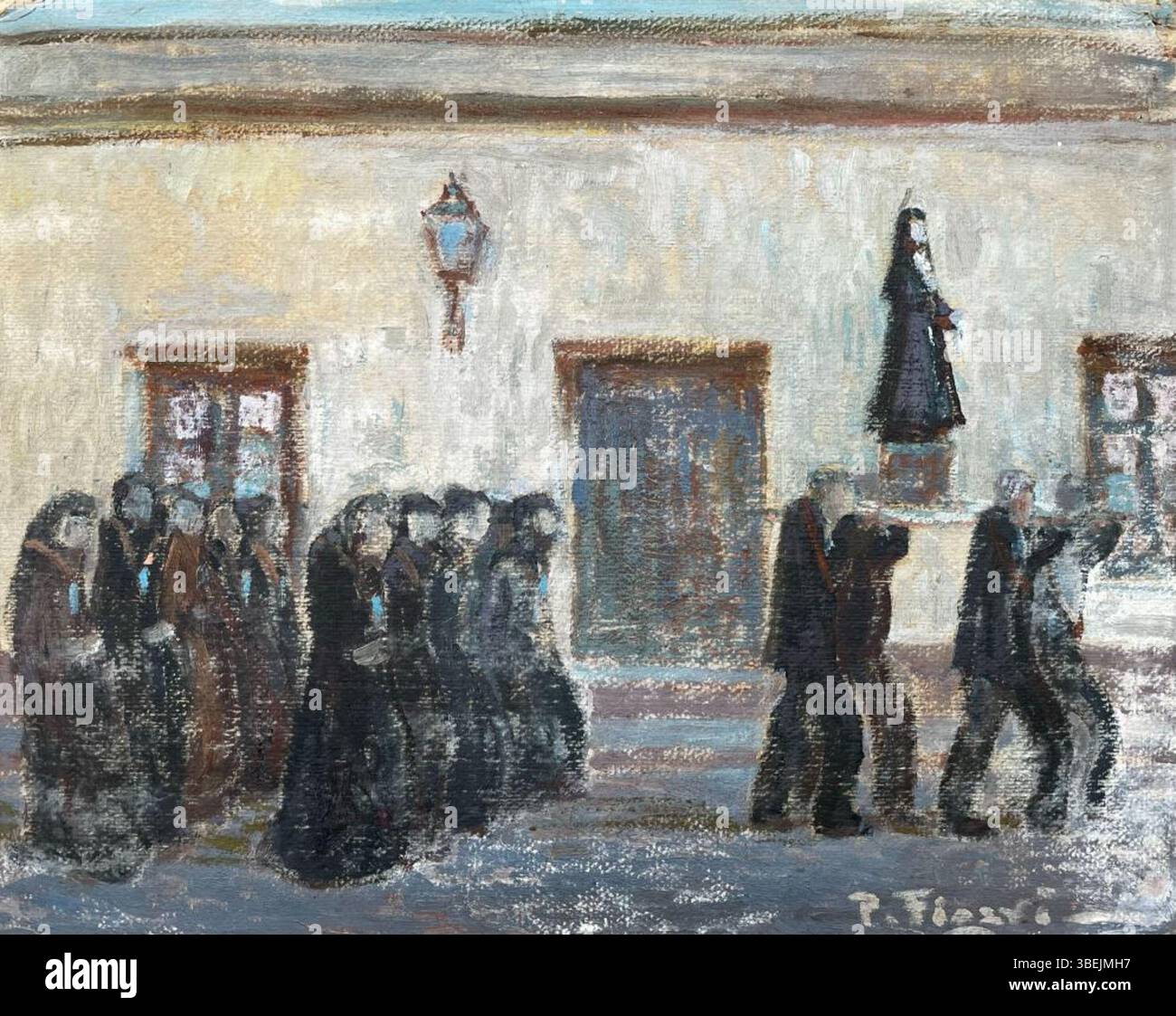 'Misa del Encuentro' by Pedro Figari illustrates a religious gathering, possibly a church service, where the community comes together. The painting reflects Figari’s depiction of social and spiritual rituals, with a focus on the people’s participation. The atmosphere is calm yet profound, conveyed through subtle color tones. Stock Photo