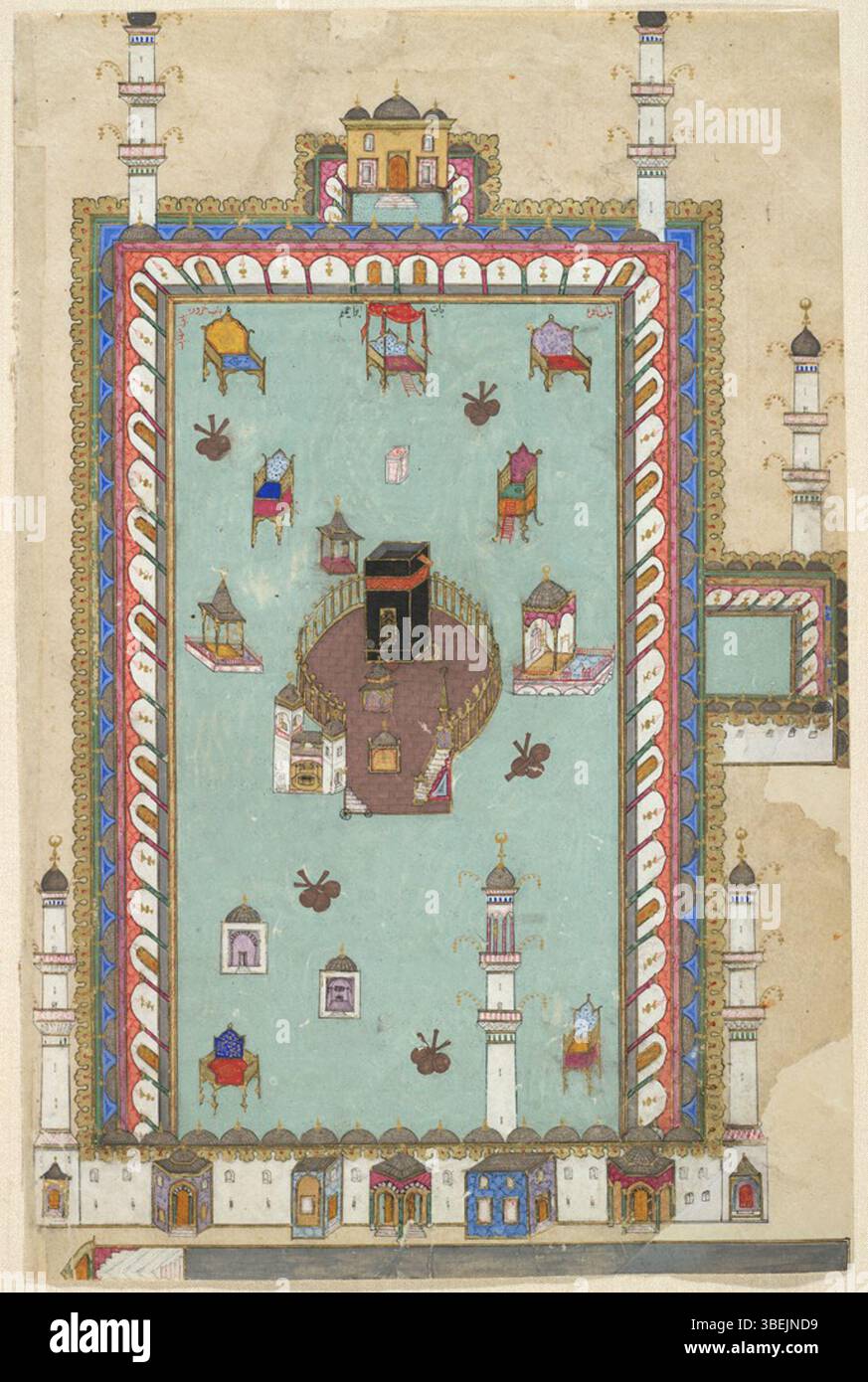 Illustrated folio dated 26 January 1582 from the manuscript Javahir al-Gharaib by Mustafa al-Hariri, depicting al-Masjid al-Haram in Mecca. The folio is part of a translation of Tarjomat Bahr al-Aja'ib (Gems of Marvels), showing detailed architectural and religious elements of the mosque. Stock Photo