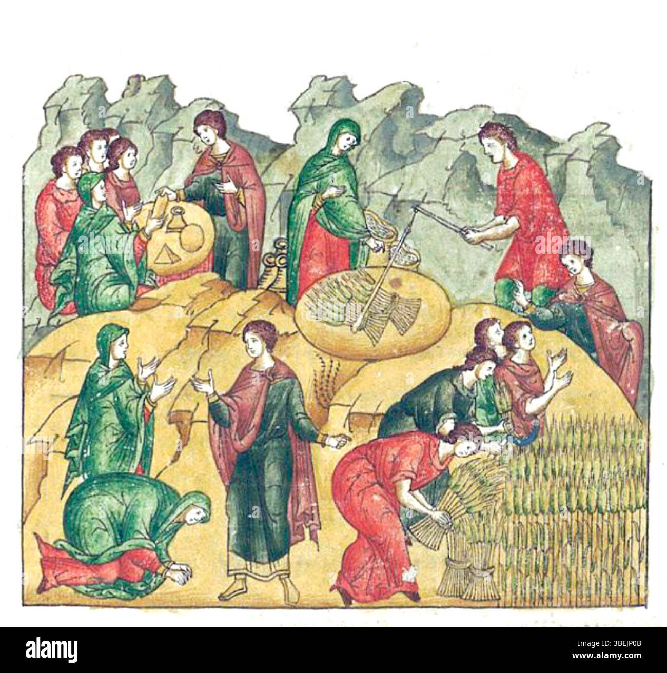 This illustration from the 'Facial Chronicle' portrays Ruth, a central figure in biblical history, capturing her story as part of the Russian manuscript. Created in the 1560s, this illuminated manuscript offers insight into the religious and historical context of the era under Ivan the Terrible's reign. Stock Photo