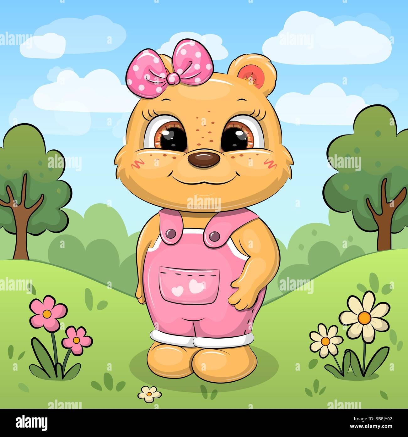 Cute cartoon bear girl in nature. Vector illustration of an animal with ...