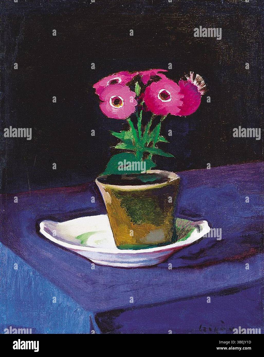 Still life painting by Dezso Czigány showing a floral composition, executed in oil on canvas, measuring 50.5 × 40.5 cm, signed lower right, held in a private collection. Stock Photo