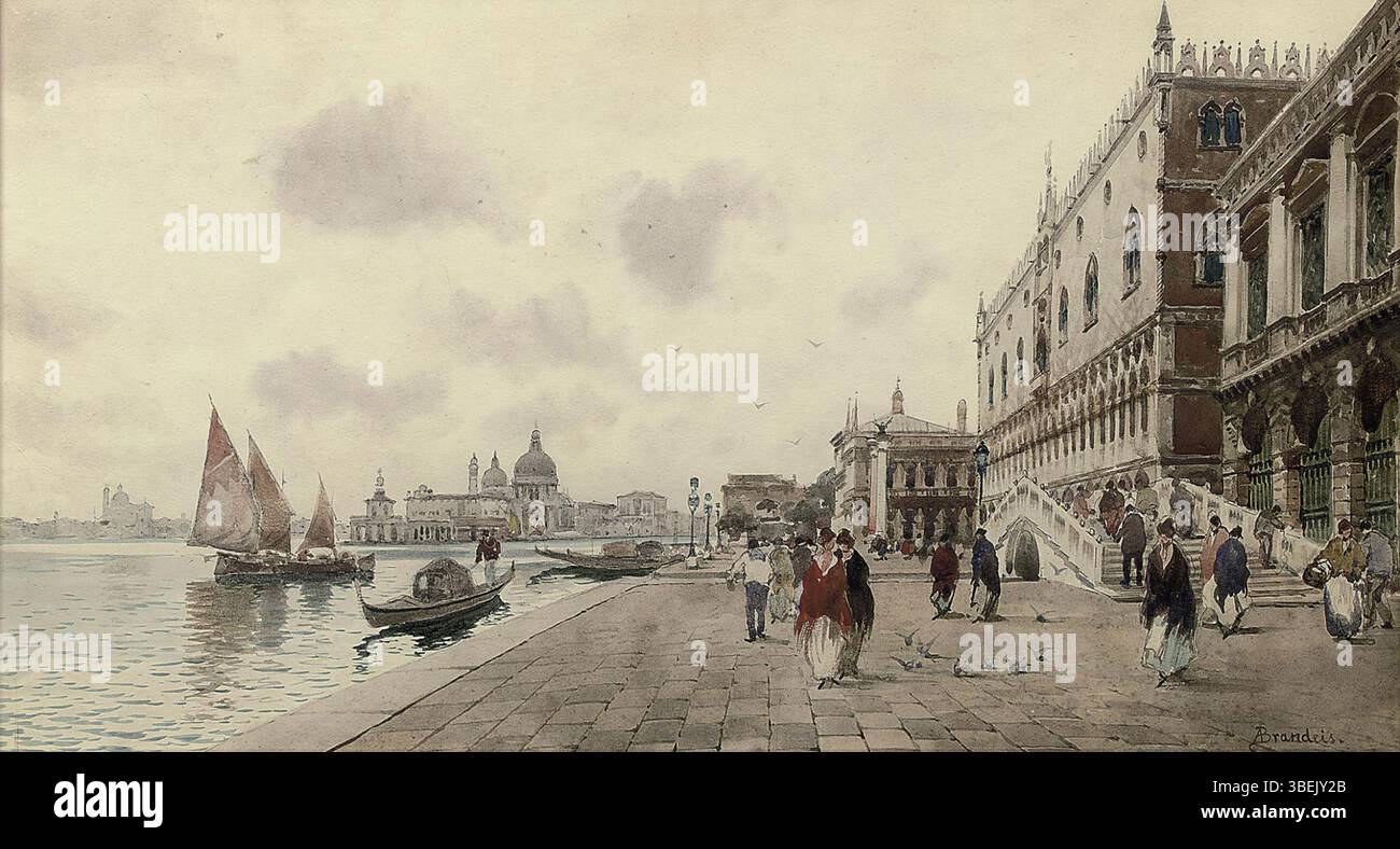 'Riva degli Schiavoni' by Antonietta Brandeis captures the iconic Venetian waterfront scene, known for its picturesque canals, gondolas, and historic architecture. This work is an example of Brandeis' vibrant portrayal of Venice's landmarks. Stock Photo