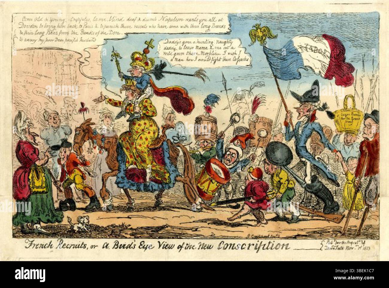 A print by George Cruikshank from 1813 titled 'French Recruits,' providing a satirical view of Napoleon's new conscription policies during the period. Stock Photo