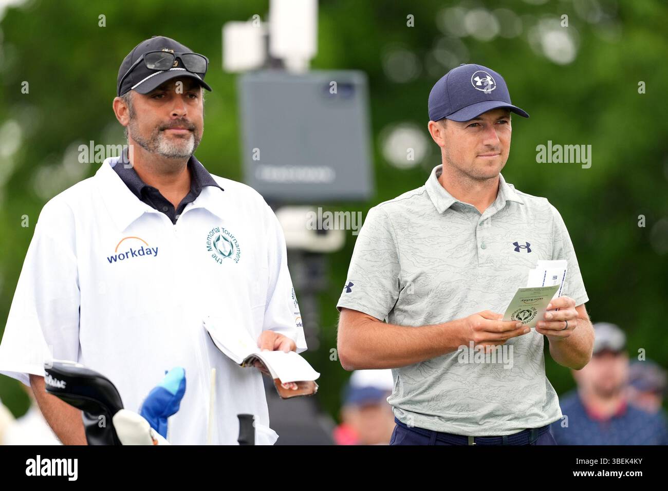 DUBLIN, OH - MAY 29: Jordan Spieth of the United States and his caddie ...
