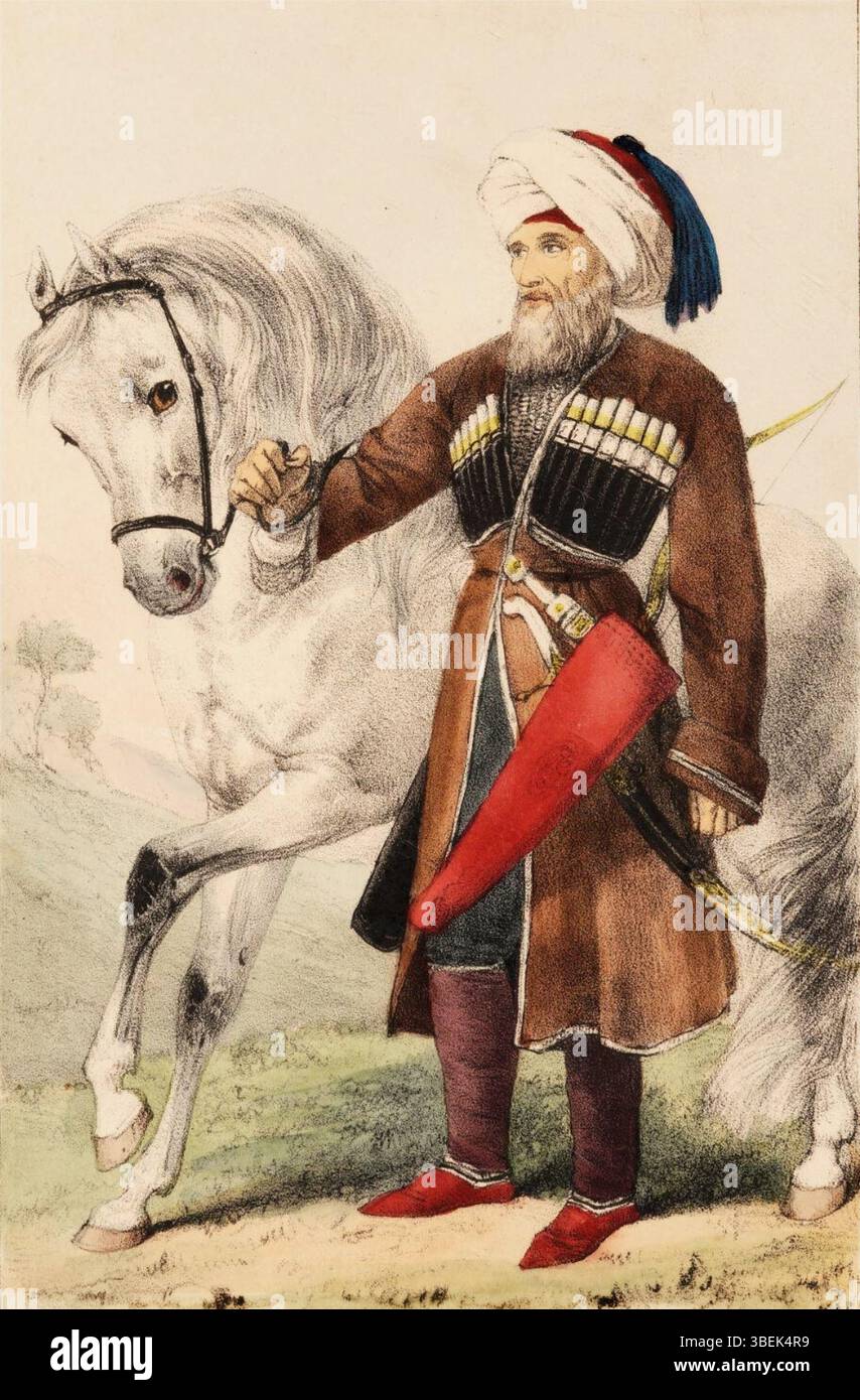Tuguzhuqo Kizbech, the leader of Circassian resistance, is depicted here as a historical figure known as the 'Lion of Circassia.' His role in resisting Russian expansion in the Caucasus is highlighted. Stock Photo