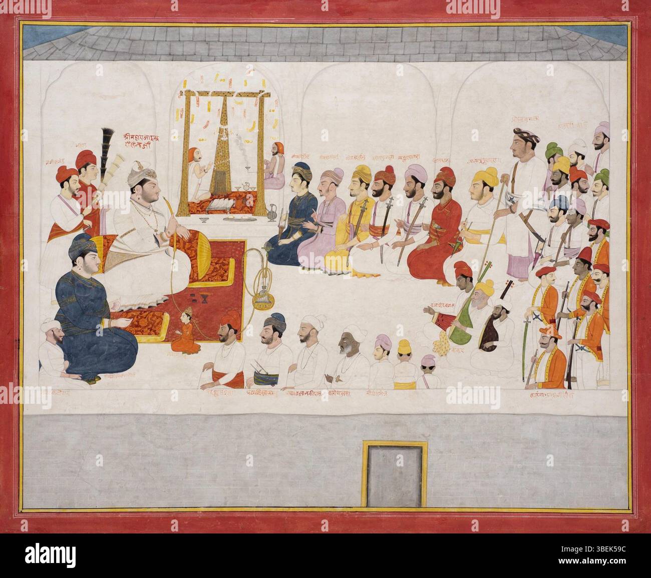 This 1808 painting by Sajnu portrays Raja Ishwari Sen of Mandi State at court. Inscribed in Devanagari, it commemorates Janmashtami celebrations. The painting shows the Raja surrounded by attendants, with significant attention given to the royal assembly and attire. Stock Photo