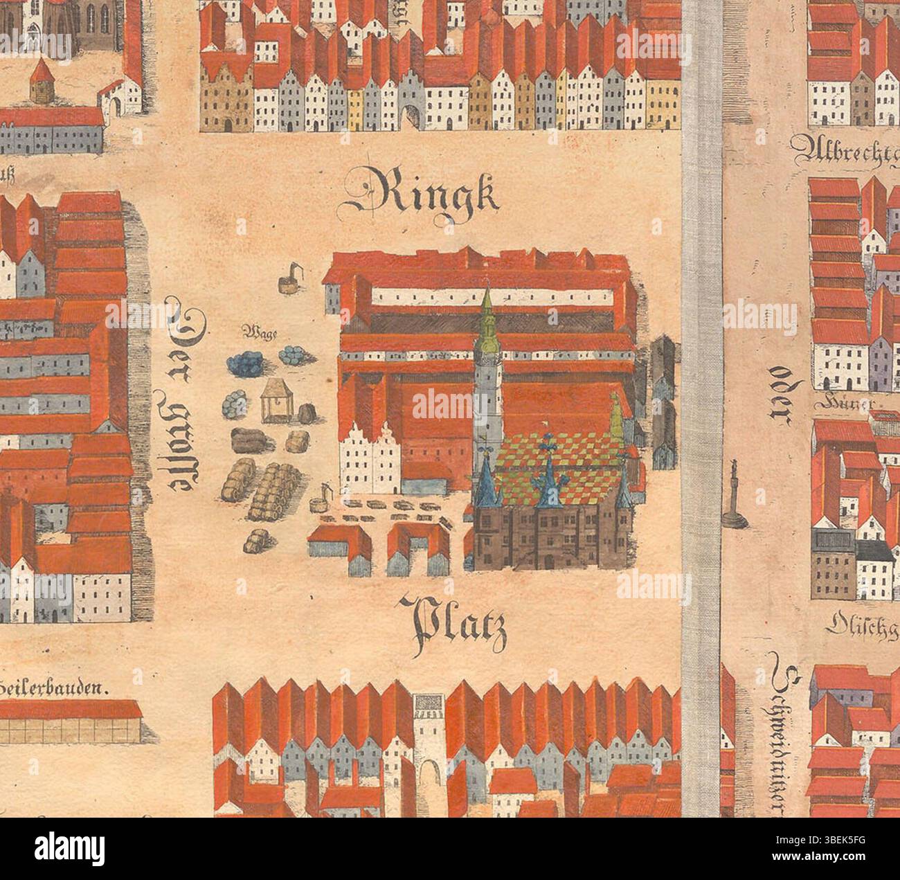 Cropped segment of the 1562 axonometric map of Wroclaw showing the central Rynek, copied in 1826 by Johann Partsch. Stock Photo