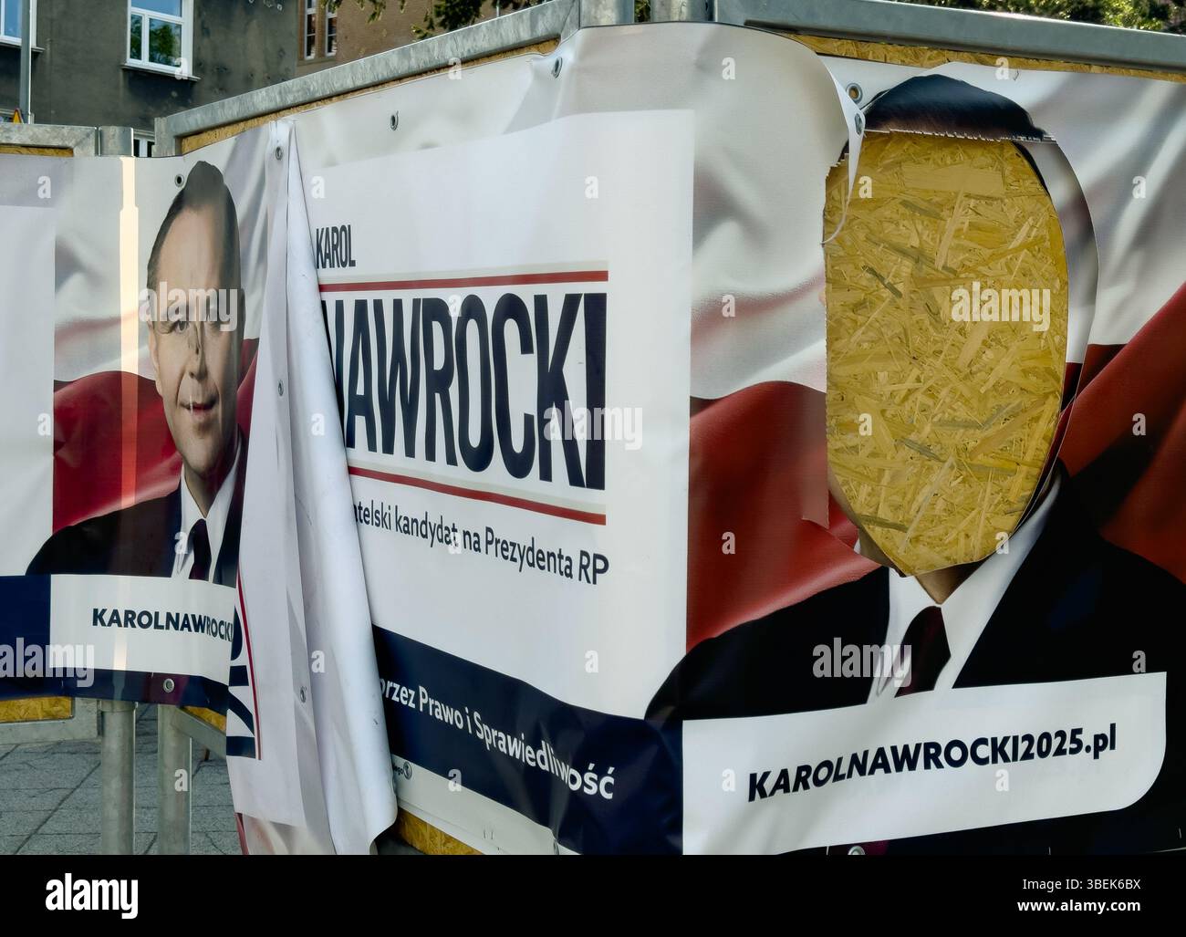 21.05.2025, Poland, Wielkopolska, Poznan, - Damaged election posters of the candidate of the right-wing conservative PIS camp Karol Nawrocki for the r Stock Photo