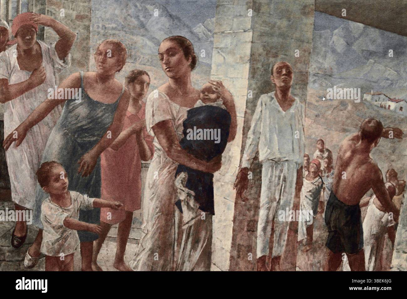 This artwork by Kuzma Petrov-Vodkin, dated 1928, is a painting measuring 96 x 107 cm. Petrov-Vodkin was a Russian artist known for his vivid and symbolic representations of religious and cultural themes. Stock Photo