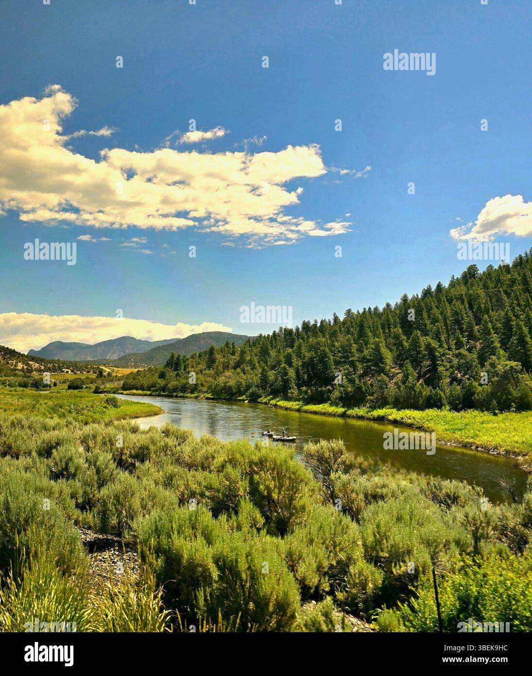Scenic float boat on a river winding through a lush valley in the Rocky Mountains, Colorado. - Smartphone Captured Stock Image
