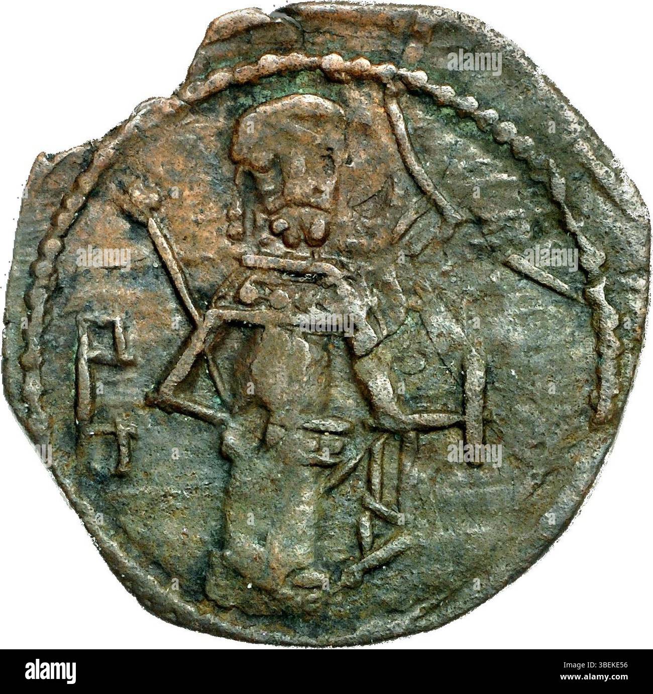 This Assarion coin, minted between 1359 and 1365, features Emperor John V holding a labarum and akakia. It was minted in Thessalonica and weighs 1.27 grams with a diameter of 18mm. Stock Photo