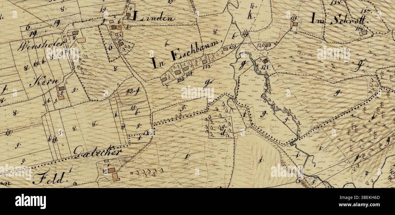 This historical map from around 1843 shows the village of Eschbaum in ...