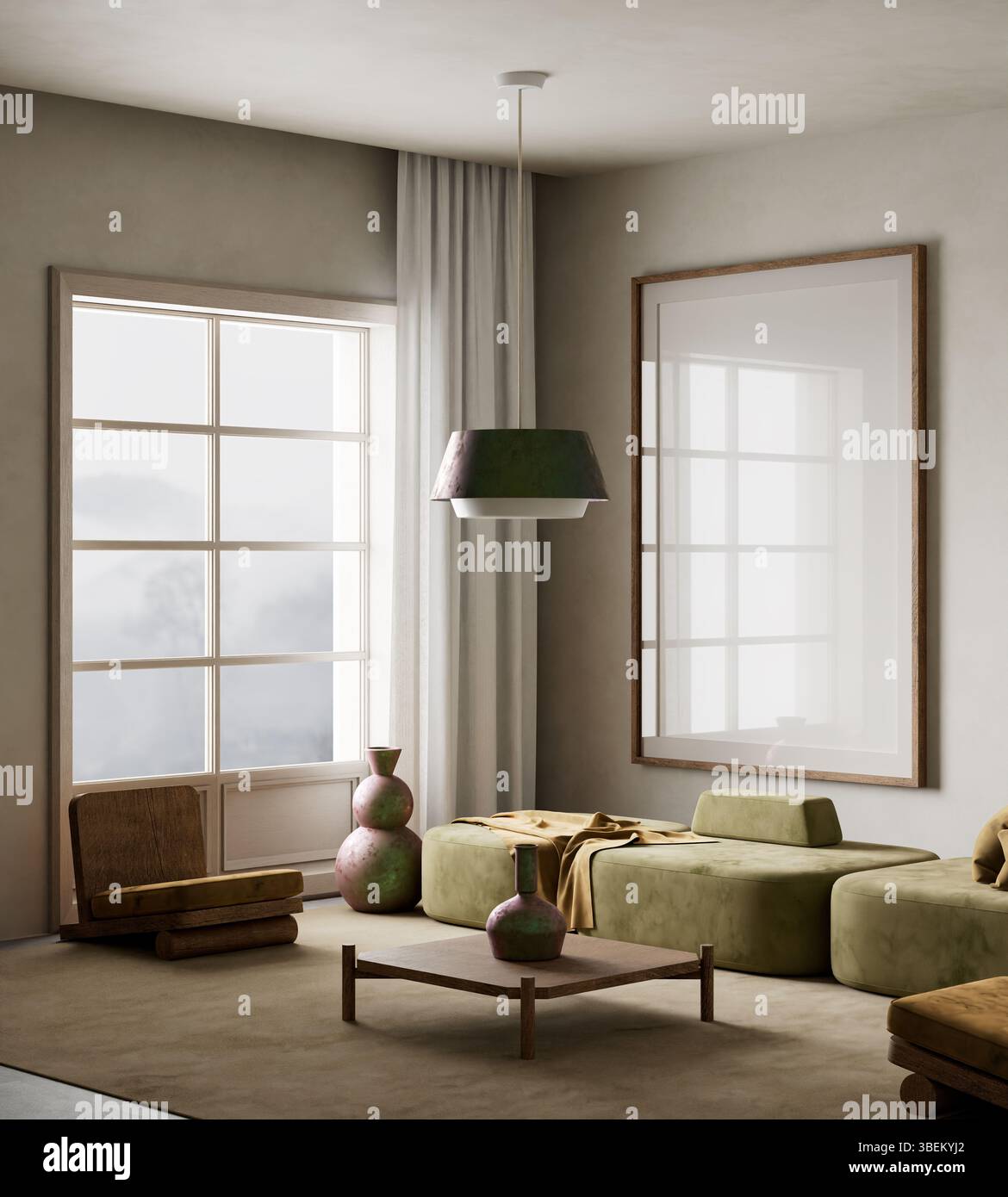 A tranquil, minimalist living room featuring earthy tones, low-profile furniture, and natural light for a calm and cozy atmosphere. 3D illustration Stock Photo