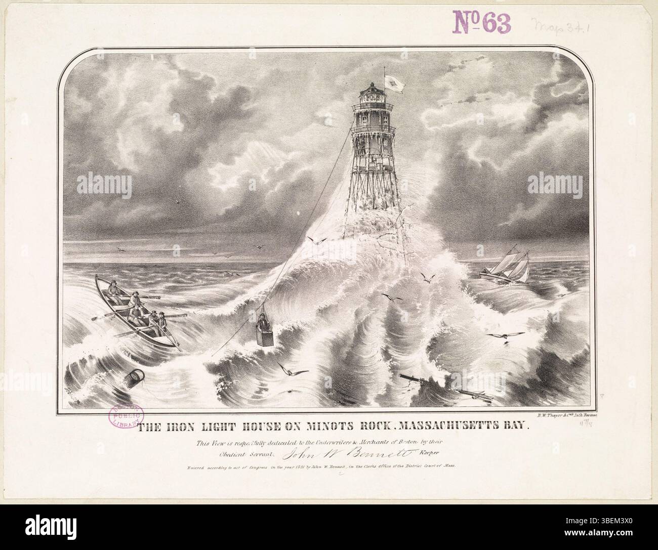 This 1851 lithograph by B. W. Thayer & Co. depicts the iron lighthouse ...