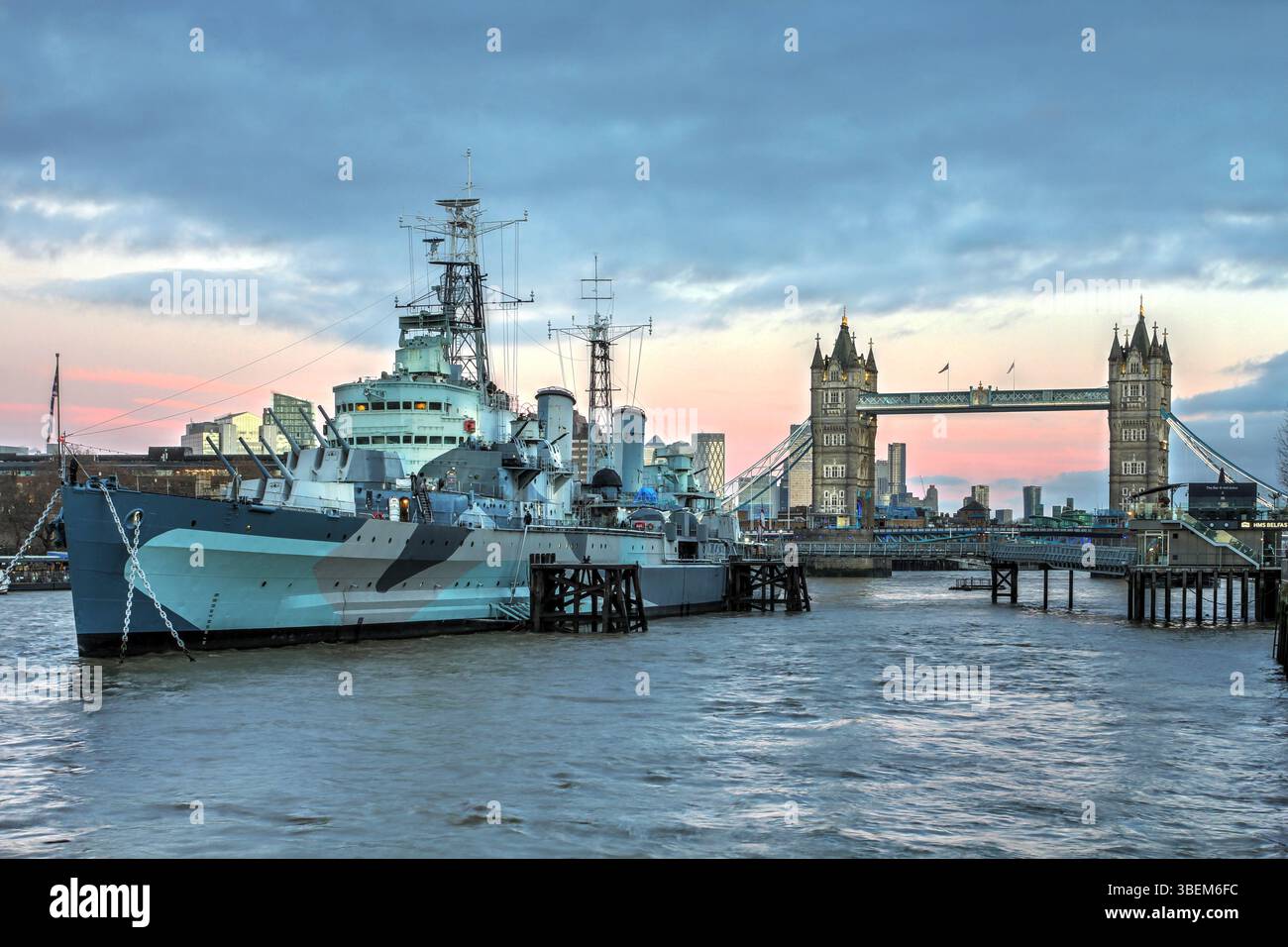 HMS Belfast is a town-class light cruiser built for the Royal Navy active in the Second World War as well as the Korean War before being permanently m Stock Photo