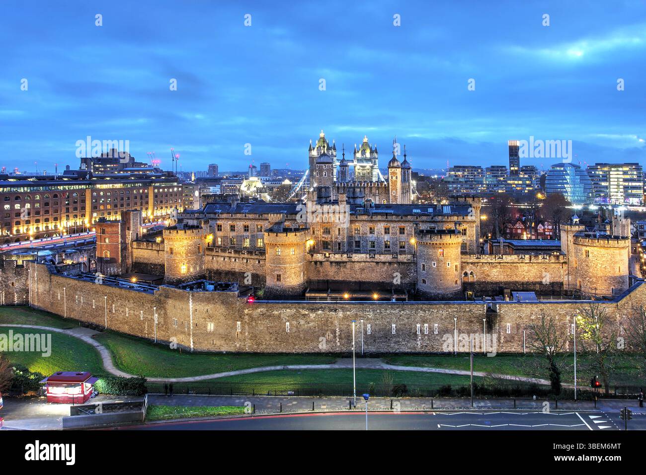 London skyline with London Tower from Tower Hill, England, United Kingdom. In the background London Bridge is visible. Stock Photo