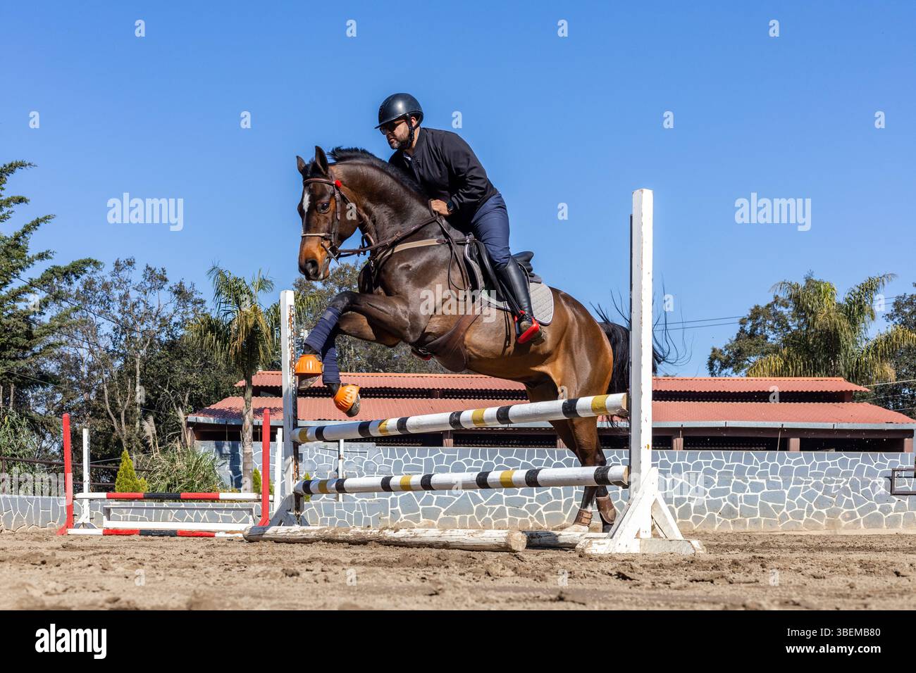 A rider skillfully guides a horse over a colorful jump in an outdoor ...