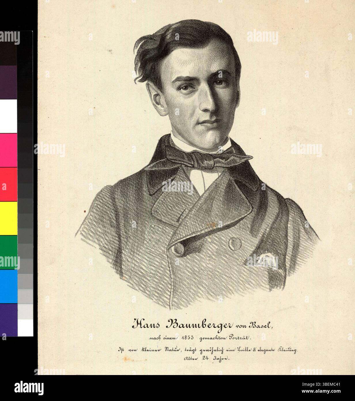 This lithograph portrait of Hans Baumberger, created after 1855, captures him in a formal pose typical of mid-19th-century artistic portraiture. The lithograph is a fine example of the printmaking technique of the period. Stock Photo
