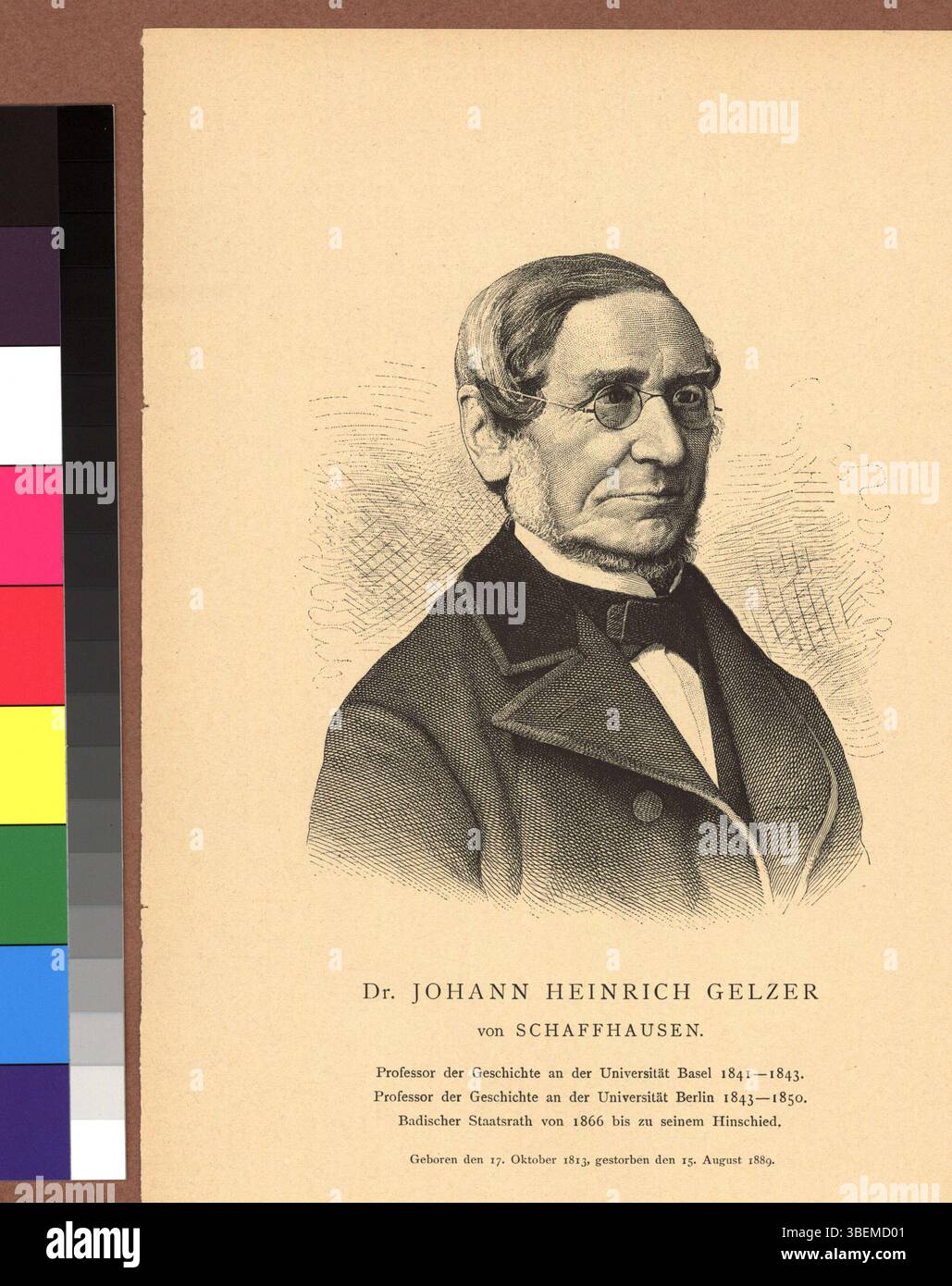 This lithograph reproduction from 1892 shows Dr. Johann Heinrich Gelzer. It represents a popular printmaking technique of the late 19th century. Stock Photo