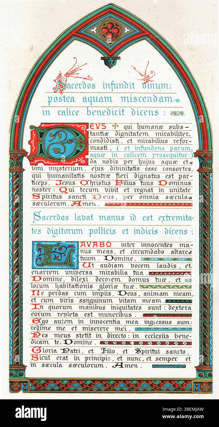 This altar card, part of the 'Lavabo' prayer, dates from around 1880 and belongs to the Gothic revival style. It is an important religious artifact from the late 19th century, reflecting the liturgical practices of the time. Stock Photo