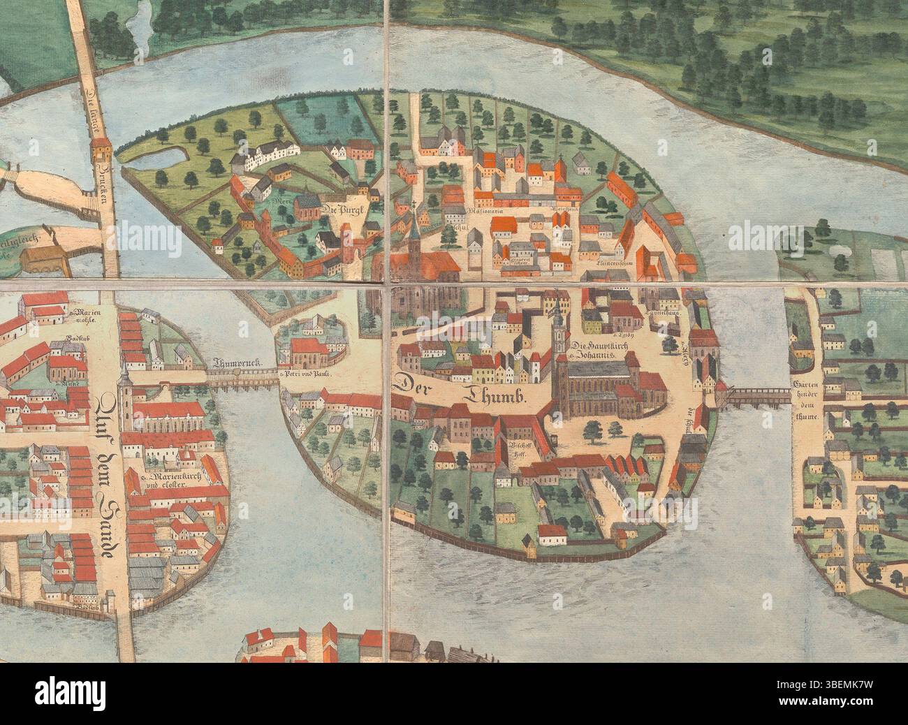 Axonometric map segment from 1562 showing Ostrów Tumski in Wroclaw, by Barthel and Georg Weihner, copied by Johann Partsch in 1826. Stock Photo