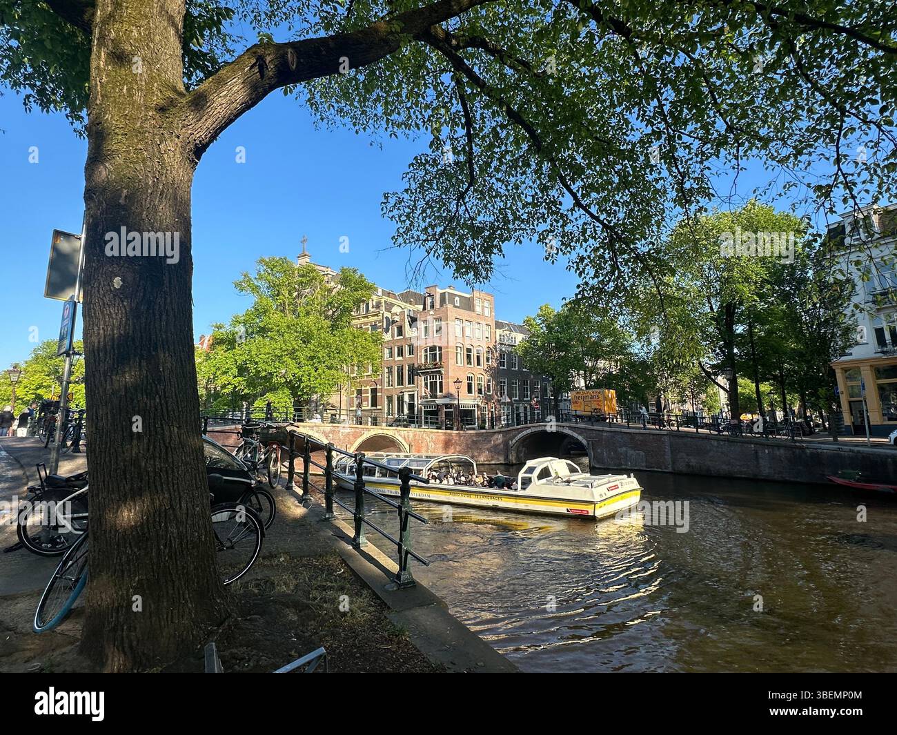 Canals with historic canal houses in summertime on beautiful sunny day. postcards for travel in Europe, The Netherlands. - Smartphone Captured Stock Image