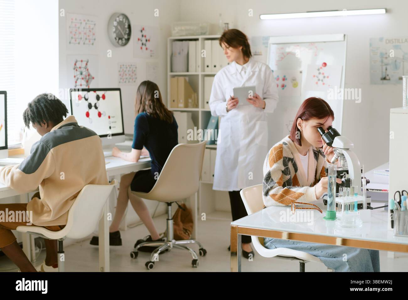 Lab Activity Stock Image Portrait Group of researchers engaged in various scientific activities at ...