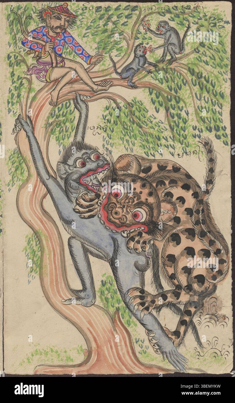 In this Balinese drawing, the monkey Wanari assists Papaka in climbing ...