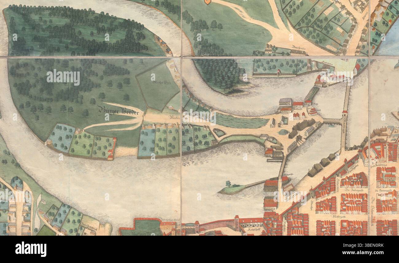 Cropped detail of Kepa Mieszczanska from a 1562 axonometric map of Wroclaw by Barthel and Georg Weihner, copied in 1826 by Johann Partsch. Stock Photo