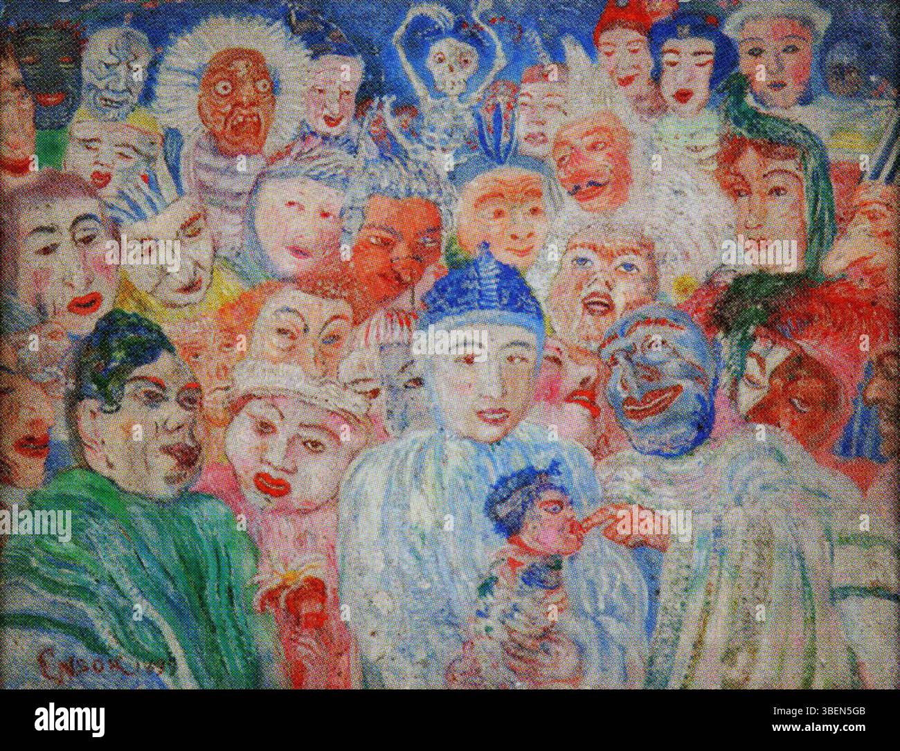 James Ensor’s 1899 painting *Pierrot with Masks* portrays the character ...