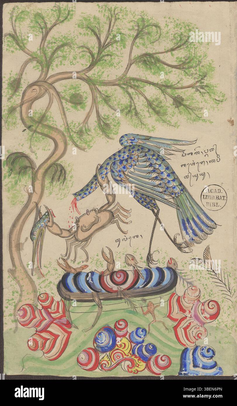 This Balinese drawing by I Ketut Gedé depicts two scenes: a crane ...