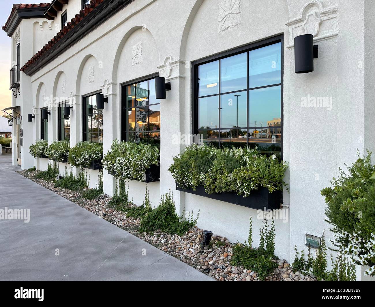 White stucco building with arched windows, black trim, and green planters in a Mediterranean architectural style, captured in natural daylight. - Smartphone Captured Stock Image