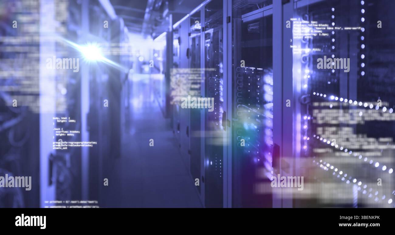 Image of data processing over glowing computer servers in server room Stock Photo