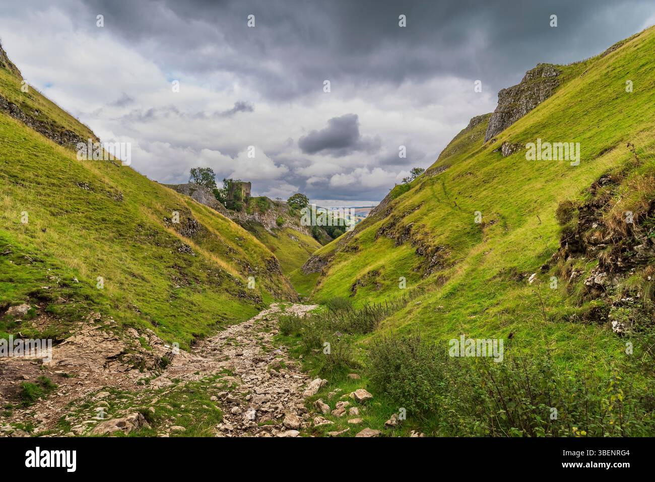 The footpath through the limestone gorge of Cave Dale in Castleton ...