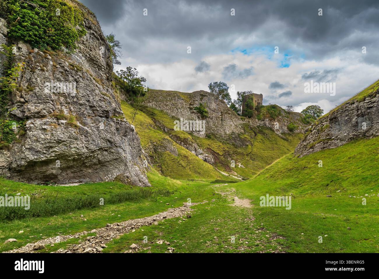 The footpath through the limestone gorge of Cave Dale in Castleton ...