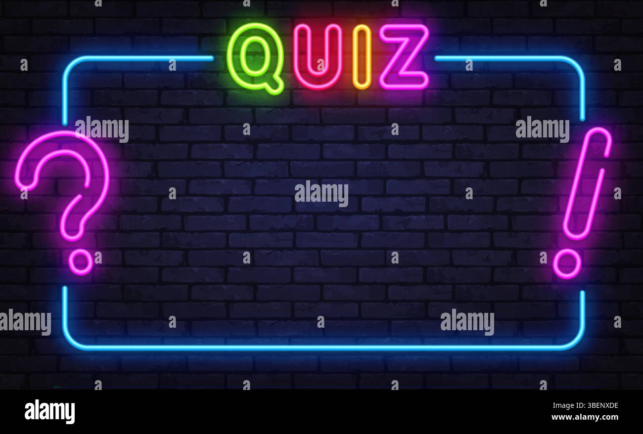 Neon quiz screen with question and exclamation marks on dark wall background Stock Vector
