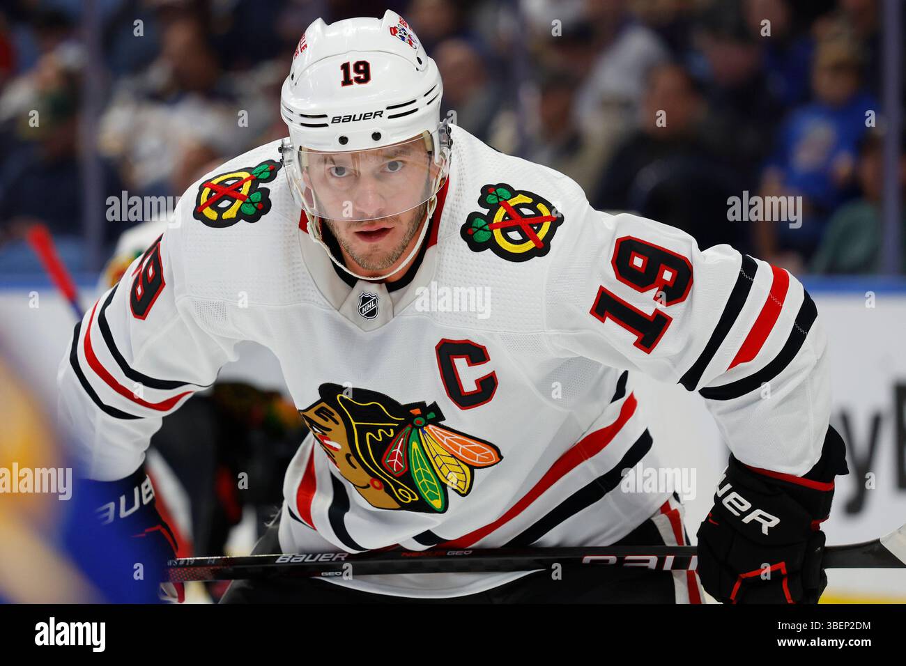 FILE Chicago Blackhawks center Jonathan Toews (19) lines up for a