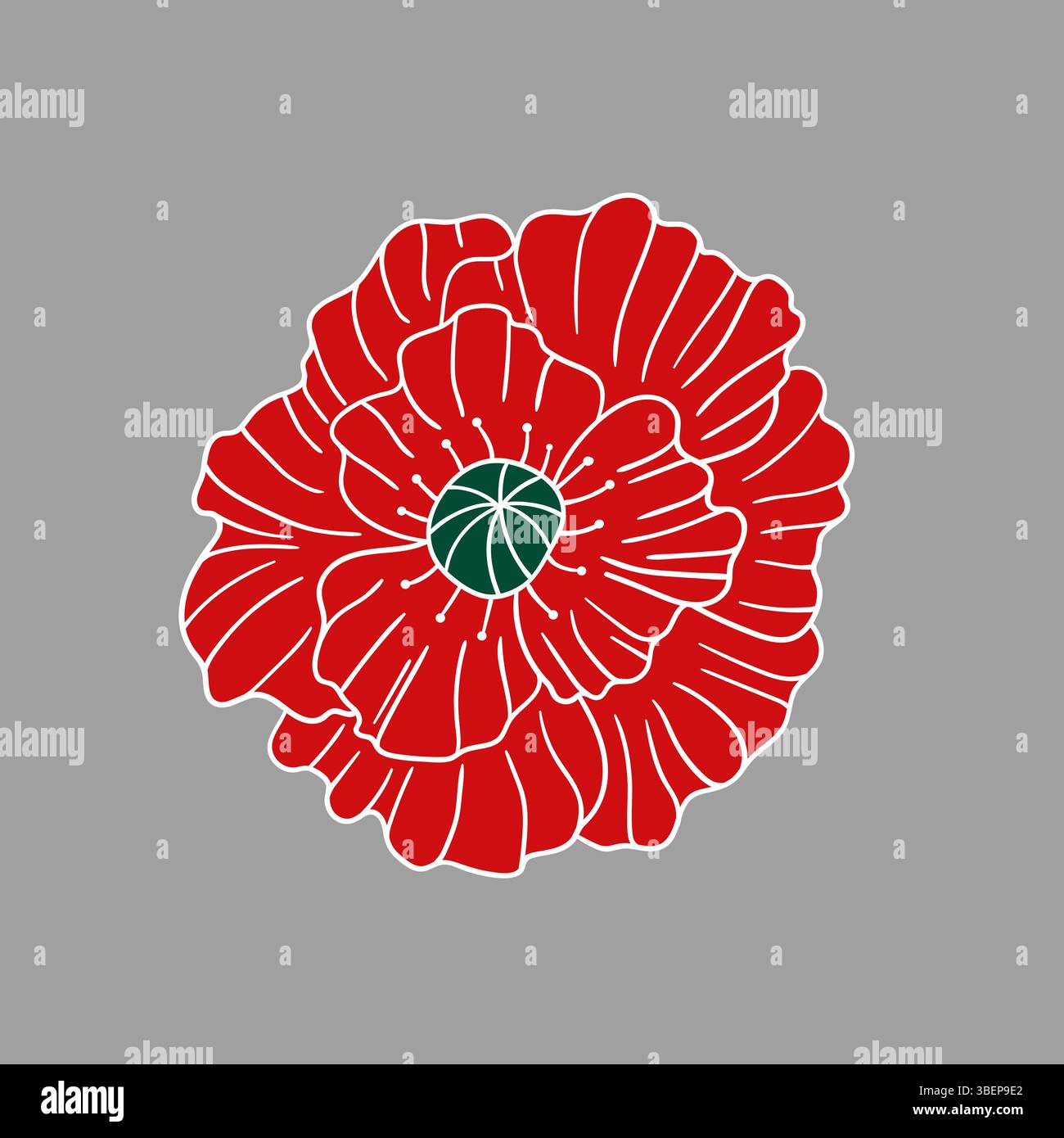 Cute flower illustration in hand draw style. White outline. Poppy icon ...